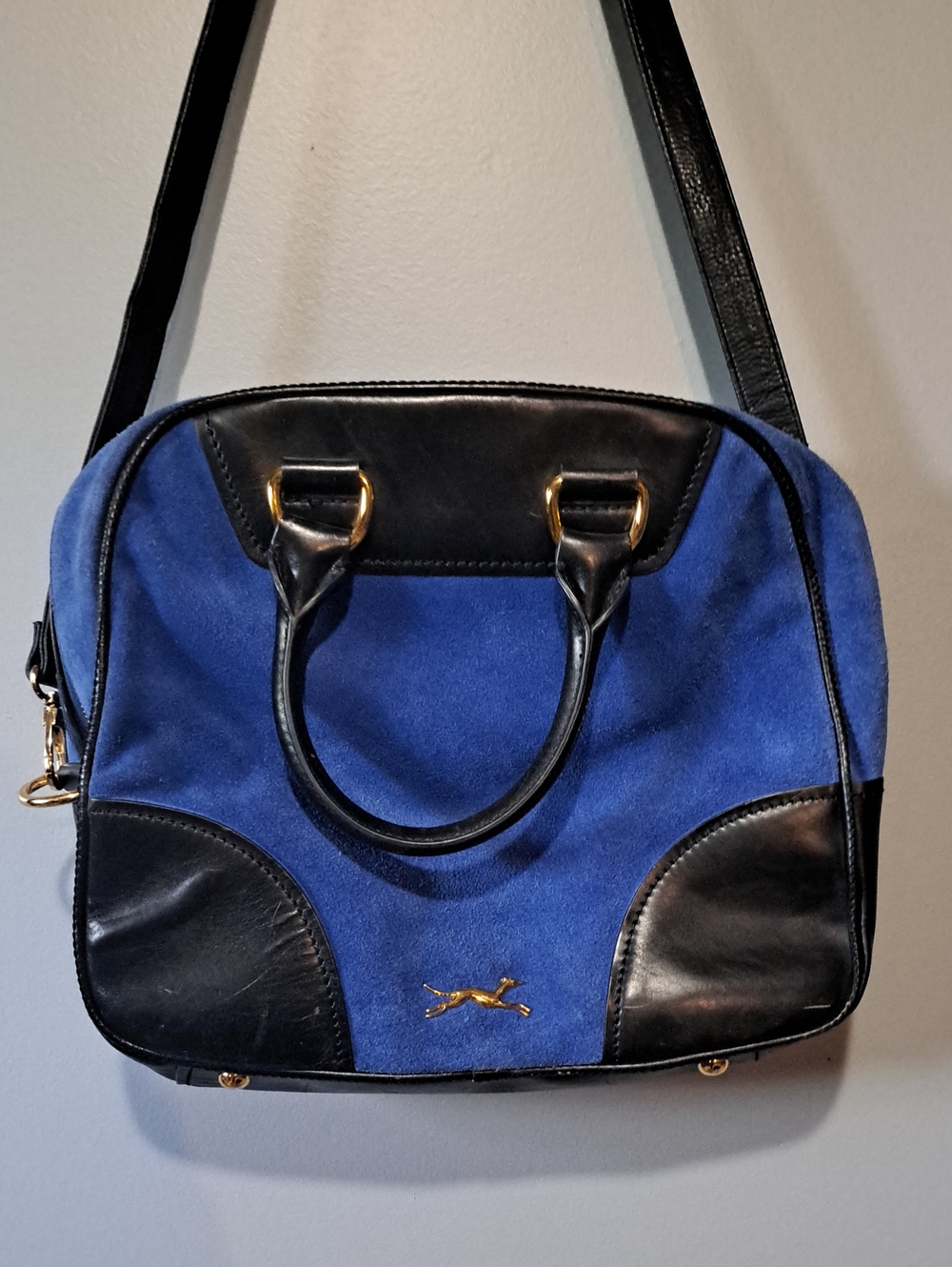 Vintage Structured Royal Blue Suede Shoulder Bag with Black Trim